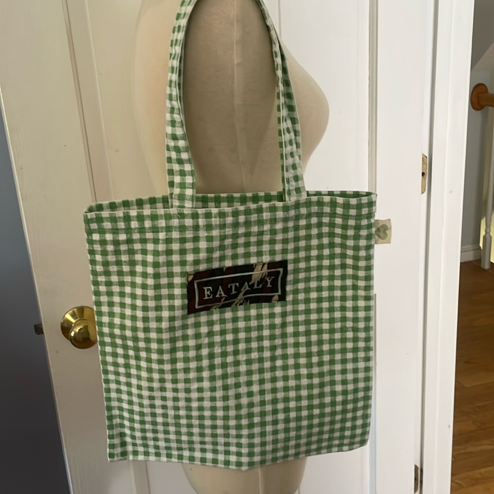 Eataly Green Gingham Tote with Camo patch